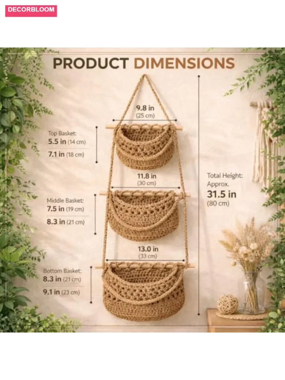3 Tier Hanging Fruit Basket, Wall Mounted Cotton Rope Produce Storage, Boho